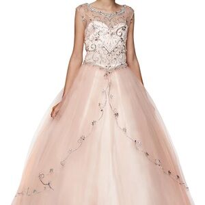 Girls Long Beaded Illusion Dress by Cinderella Couture